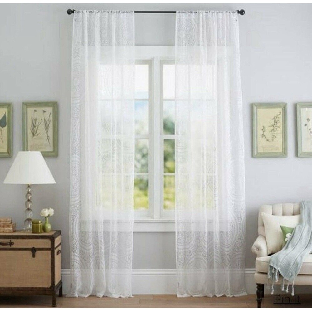 Pottery Barn Unlined Sheers Nora 50" x96" White Rod Pocket Curtain Panels